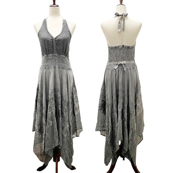 NWT Himalayan Arts Wear Boho Embroidered Gray Halter Maxi Dress Size Medium NEW - Picture 12 of 12